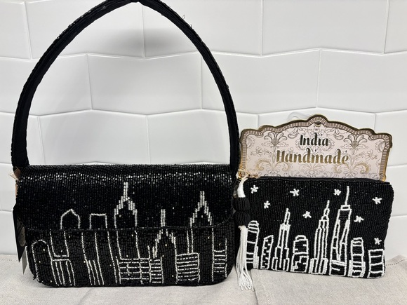 Made in India City Skyline Beaded Bundle - Shoulder Bag and Wristlet - Black - Picture 1 of 16